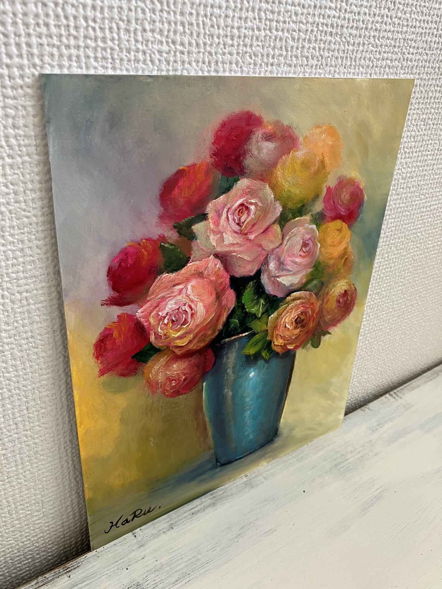 ☆ HaRu 花 薔薇 ばら バラ 花瓶 1点物 真作 原画 絵画 油絵