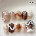 選べるおまけ付き　ネイルチップ　no.134 ゆるゆるお花のカフェオレネイル　お花ネイル　フラワーネイル　カジュアル　淡色ネイル　ベージュネイル　ブラウンネイル　コーヒーネイル　カフェオレネイル