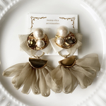 （イヤリングのみ）2wayくすみカラー☆コットンパールと2wayリボンタッセルのゴールドイヤリング