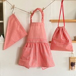 90～100サイズ☆赤のギンガムチェックが可愛い☆キッズ 子供エプロン＆三角巾＆巾着 ３点セット☆korima.