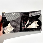 ラミネートお財ポーチ、ペンケース、マスクポーチ❣️ブラックデニムポケットねこ😻裏面レザーとクリア生地　20cmファスナー
