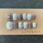 【現品】ぷっくりフラワーネイル　ぷっくりフラワー　ベリーショート　韓国ネイル　カフェオレネイル　カフェラテネイル　春ネイル　ニュアンスネイル