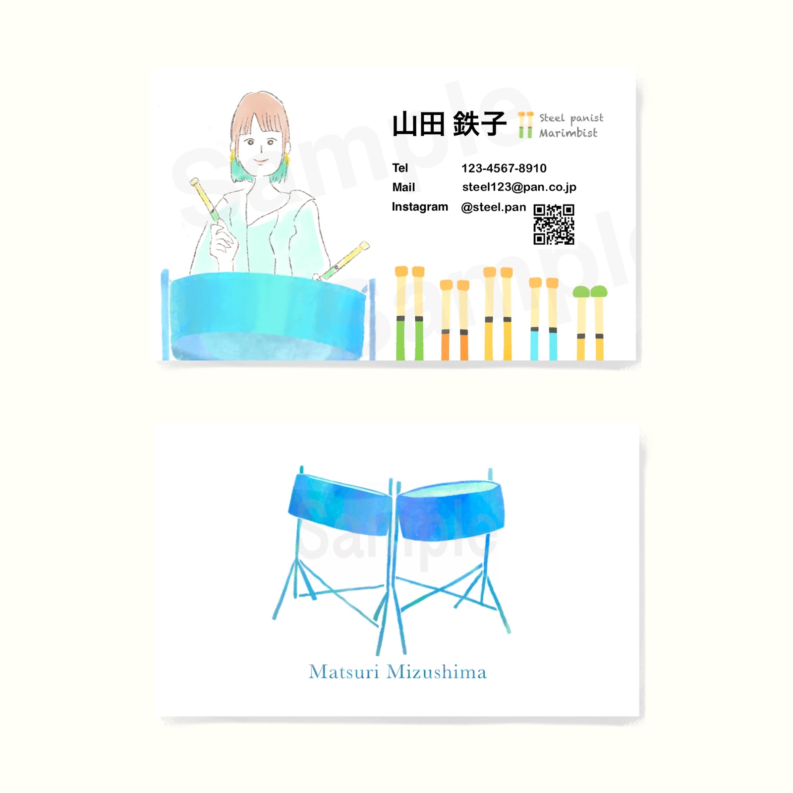 スティールパン奏者のための名刺（似顔絵入り）100枚 両面フルカラー