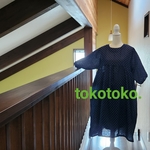 20 切替ギャザーワンピース　ドット柄ネイビー