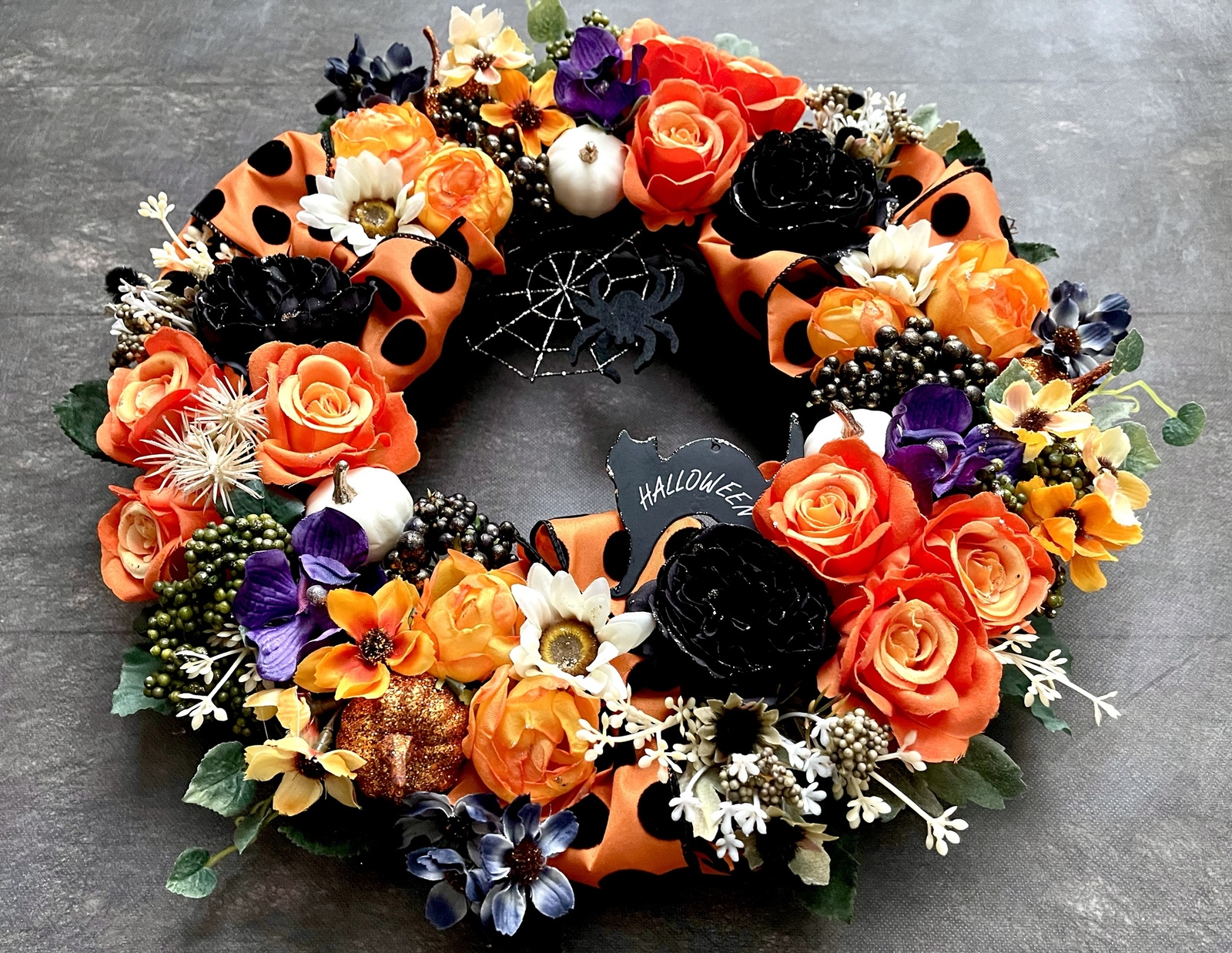 No.wreath-15522☆大型ハロウィンリース23-(7)蜘蛛の巣＆黒猫