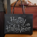 【SALE】床革で作った紙袋みたいなA4トートバッグ ハロウィン ブラック ステンシル②