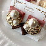 （イヤリングのみ）コットンパールとリボンのゴールドイヤリング（イチゴショコラ）