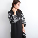 【着丈調整可能】洗える 異素材ゆったりバルーン袖 バックリボン フォーマル ワンピース　ブラック/シルバー　0595