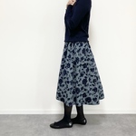 ♦︎秋の新作♦︎シルエットフラワー　コーデュロイギャザースカート   スモーキーブルー