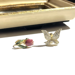 0652今だけSALE VINTAGE EARRING  アシメデザイン蝶々ヴィンテージ　イヤリング　アンティーク  クラシカル　花　フラワー　大ぶり　クリップ　ナチュラル90年代ビーズ　ビジューグミ