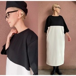 長さ選べる❣️経年劣化に強い伸縮素材❤️1枚で優秀なビッグシルエット❤️普段着＆お仕事＆卒業＆入学式にも❤️体型カバー抜群❤️BLACK×Ivory