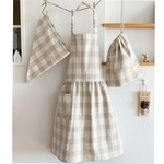 【一点限り】130～150 リボンの刺繍が可愛い ナチュラル 女の子用 子供 キッズ エプロン ＆ 三角巾 ＆ 巾着 ３点セット korima.