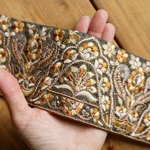 60cmカット済【インド刺繍リボン】シルク　刺繍　リボン　りぼん   【カーキ】