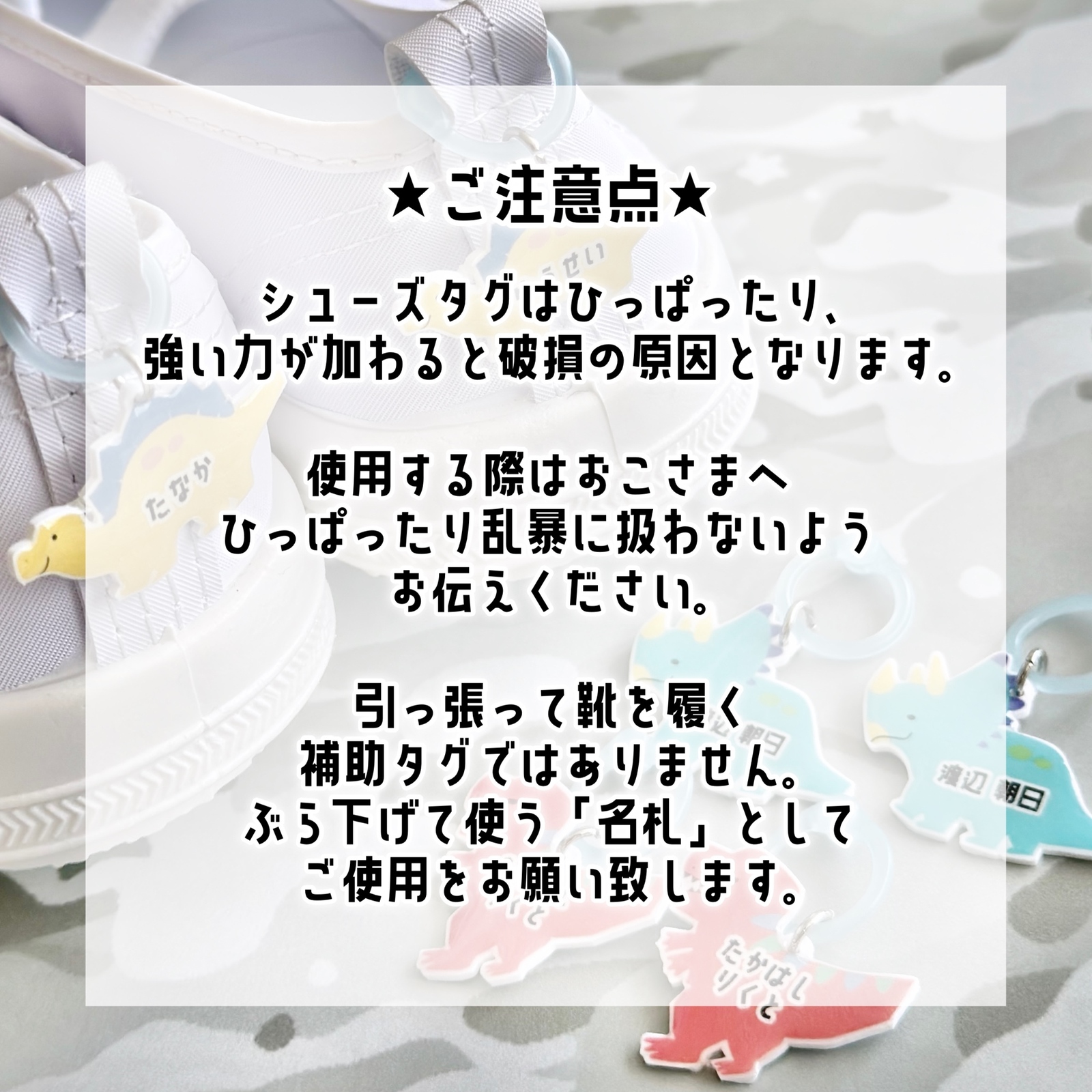 コミカルでカラフルな恐竜たち☆ お名前入りのシューズタグ/ネームタグ 