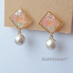 ピンクのお花とコットンパールのノンホールピアス