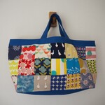 カラフル　北欧調　四角パッチ　　横長トートBAG　１１号帆布　ブルー♪　アヒル