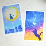 月夜の猫　絵葉書2枚　パステルアート　ポストカード