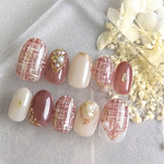 ネイルチップ｜赤みブラウン×ツイードネイル｜綺麗め・ニュアンス・大人可愛い｜秋冬・クリスマス・バレンタインに◎