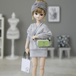 Set★グレー★両Vネックトップス＋シフォンカチューシャ水玉柄ミニワンピ1/6ドール用リカちゃん服アウトフィット