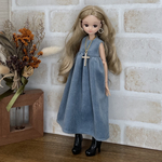 NO,346 リカちゃん　服　ブルーグレー　ベルベット　ワンピース　ロザリオペンダント　秋のオシャレ　お出かけコーデ　リアルクローズ