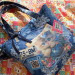 M様ご予約/ブルーサファイアの天使/ふっくらクリーム茶トラ猫ちゃん×ブルーデニム＆ホワイトレースキルティングトートバッグ