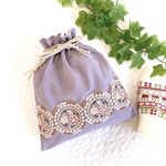 インド刺繍リボンの巾着袋　刺繍リボン　ライラック