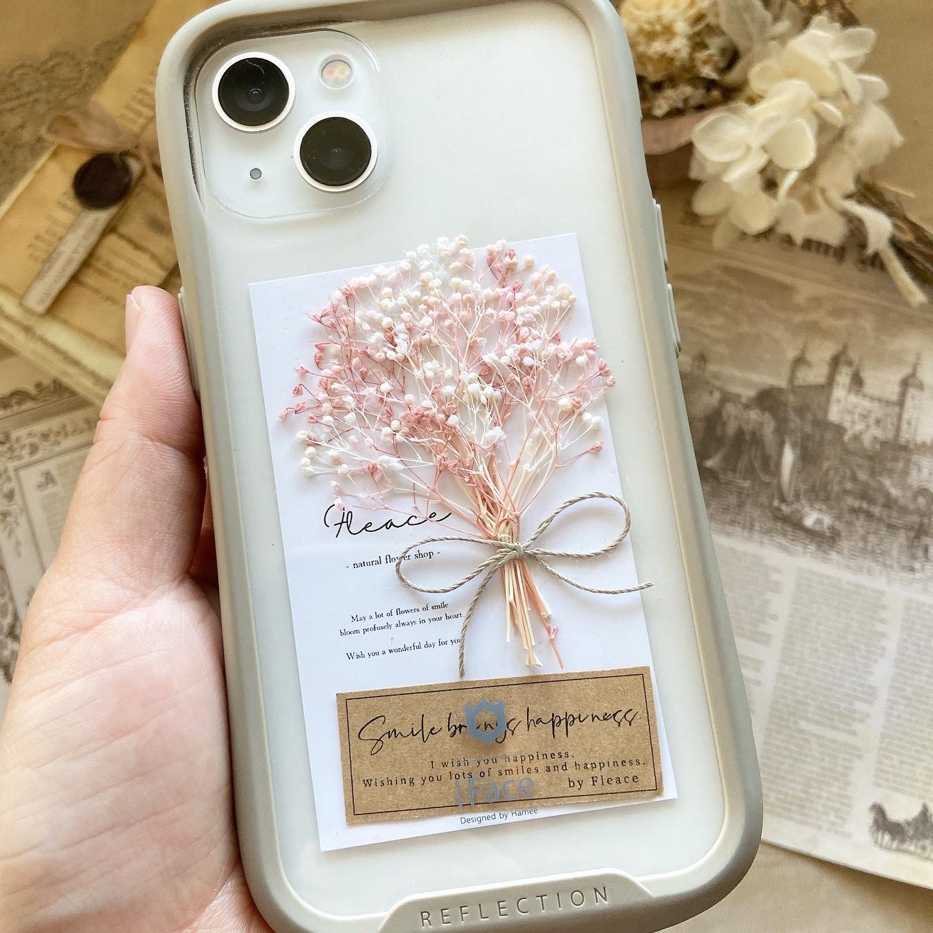 ハンドメイド　勿忘草とミモザとかすみ草の押し花　スマホリング/バンカーリング ハンドメイド 勿忘草とミモザとかすみ草の押し花 スマホリング