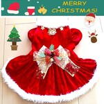 犬服 深紅／ベロア クリスマスワンピース 　パフスリーブ 　送料無料　xbw01