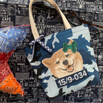 柴犬ちゃん可愛い笑顔帆布ブルーカモフラ×グレーピンクドリンク柄ギンガムリボンお散歩＆お弁当トートバッグ