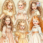 女の子のダイカット素材セット・ヴィンテージ風・パステルオレンジ(ノーカット･コラージュシート)d481