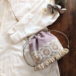 2way 巾着 バッグ　インド刺繍リボン　淡パープル