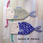 お魚の巾着 S マリン柄