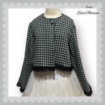 1点物*ウール 千鳥柄ノーカラー ボレロ ジャケット★ブラック×モスグリーン 千鳥×黒レース(即納品)