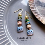 PP380-953インペリアルジャスパー&猫*天然石ピアス  ｽﾃﾝﾚｽｽﾁｰﾙ   *送料無料*　イヤリング＆樹脂ピアス交換OK　