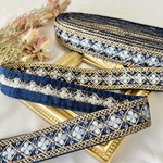 50cm  インド刺繍リボン  シルク  花柄  ネイビー  #ns2