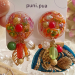 【２way】アンティーク調のリボン刺繍とキラキラチャームの2wayピアス