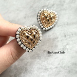 H94.再販！激カワ♥キルティング ハートビーズ刺繍 ピアス イヤリング ボタン パール gold ゴールド retro レトロ ビンテージ vintage 個性的 大ぶり 大人可愛い 一粒 ゆれない