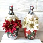 xmas クリスマス フラワーアレンジ クリスマスツリー ポインセチア 赤 ねこ