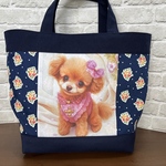 navy  flowers &dot  プードル　トートバッグ