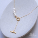 ネックレス 5連淡水パールのマンテルネックレス　サージカルステンレス 金属アレルギー対応 シンプル Y字 ロングネックレス ゴールド パール バロック 淡水パール ネックレス