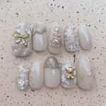 ＮＯ.２９１✳︎xmas  design🎄ivory tweed  クリスマスネイル　　　ツイード　チェック　くま　リボン　ガーリーネイル　アンティーク　ミラーアート　ネイルチップ　オーダーチップ