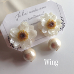 【ニッケルフリーピアス】  Paper daisy〜 花かんざしとコットンパール  ピアス/イヤリング/樹脂ノンホール/樹脂ピアス