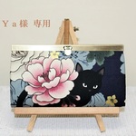 直線口金 長財布☆黒猫と牡丹　紺