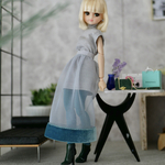 Set★ベロア×チュールスカート＋タイツ＋ミニワンピース　ピーコックブルー3点セットアップ　1/6ドール用リカちゃん服アウトフィット