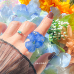2【美aura】ブルー／青／ビオラ／ドライフラワー／押し花／ラインストーン／ボタニカル／カラフル／花／フリーサイズ／リング