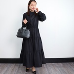 【SALE！！】長袖 プチフリル ティアード ワンピース　ブラック　0604BK