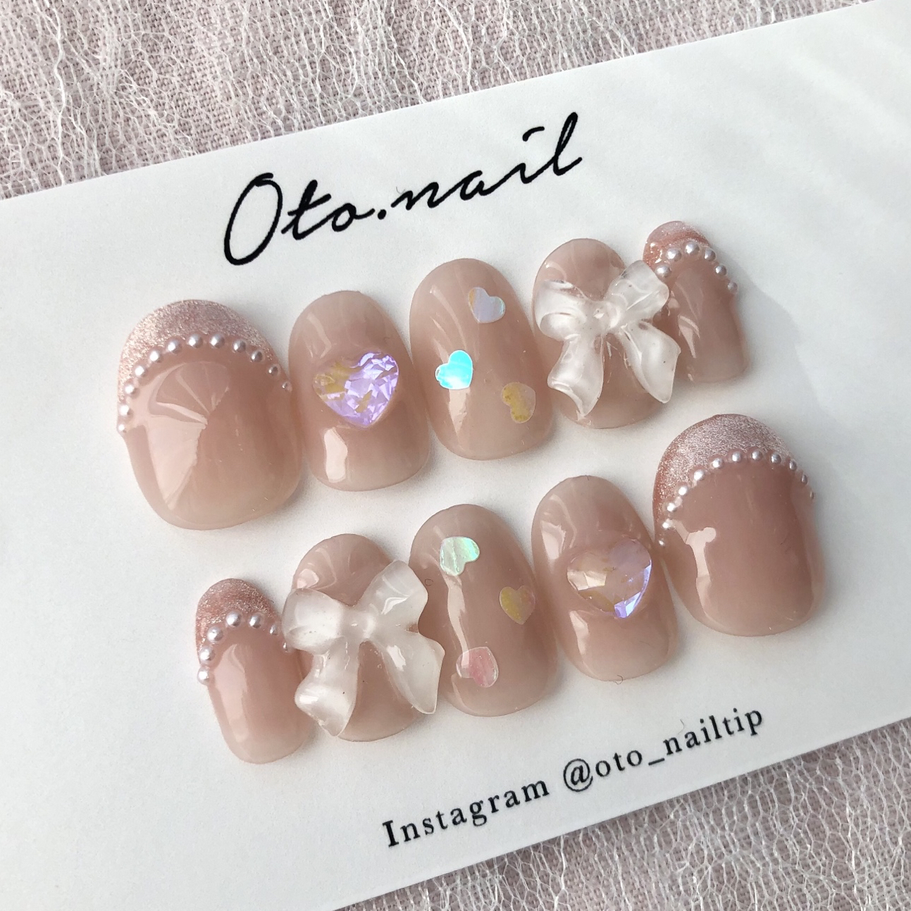 no.021 フレンチガーリー ピンク ネイルチップ 成人式 リボンハート 韓国 5b01585cb96572373b4c79b88b91c1