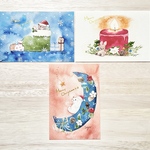 🎄透明水彩画　クリスマスポストカード　 3枚セット　クリスマス クリスマスカード　メッセージカード　うさぎ　ウサギ　しろくま　クマ　クリスマスリース　三日月