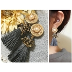 金アレ対応♡アンティークボタン風タッセルピアス①ブルーグレー