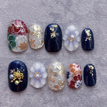 ネイルチップ　成人式　卒業式　ネイビー　青　振袖　花柄　和柄　梅　菊